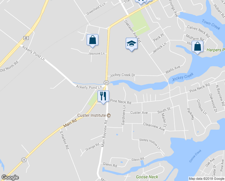 map of restaurants, bars, coffee shops, grocery stores, and more near 49900 New York State Route 25 in Southold