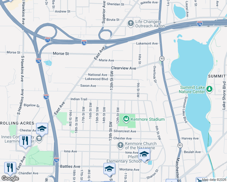 map of restaurants, bars, coffee shops, grocery stores, and more near 836 Saxon Avenue in Akron