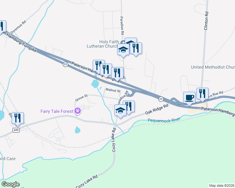 map of restaurants, bars, coffee shops, grocery stores, and more near 45 Paradise Road in West Milford