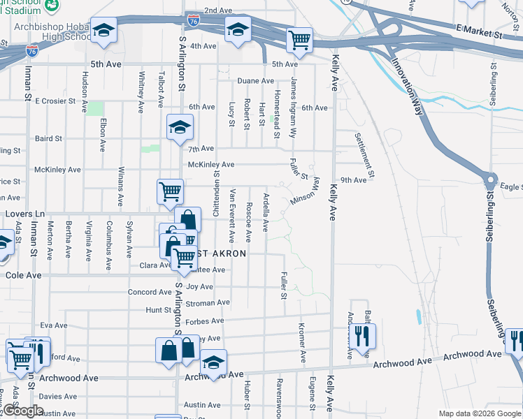 map of restaurants, bars, coffee shops, grocery stores, and more near 474 Ardella Avenue in Akron
