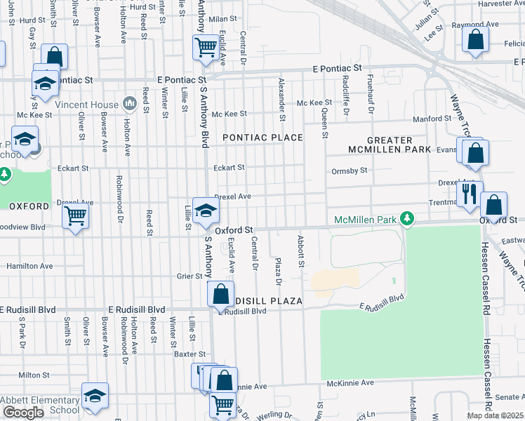 map of restaurants, bars, coffee shops, grocery stores, and more near 3320 Plaza Drive in Fort Wayne