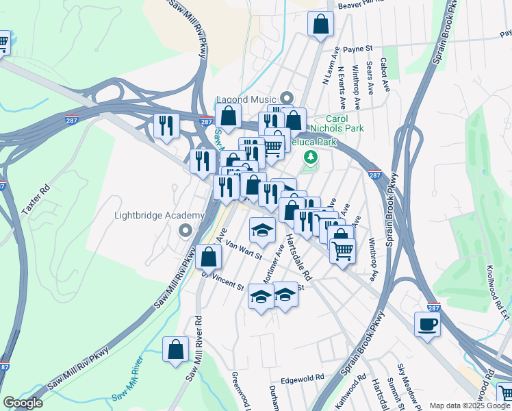 map of restaurants, bars, coffee shops, grocery stores, and more near 19 West Main Street in Elmsford