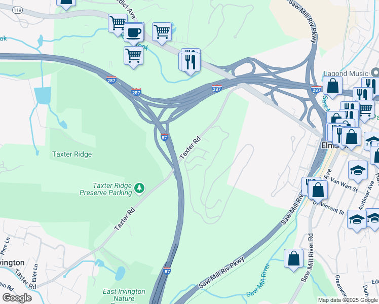 map of restaurants, bars, coffee shops, grocery stores, and more near 100 Town Green Drive in Elmsford