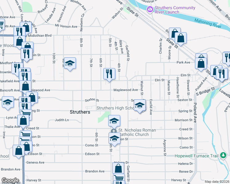 map of restaurants, bars, coffee shops, grocery stores, and more near 293 Maplewood Avenue in Struthers
