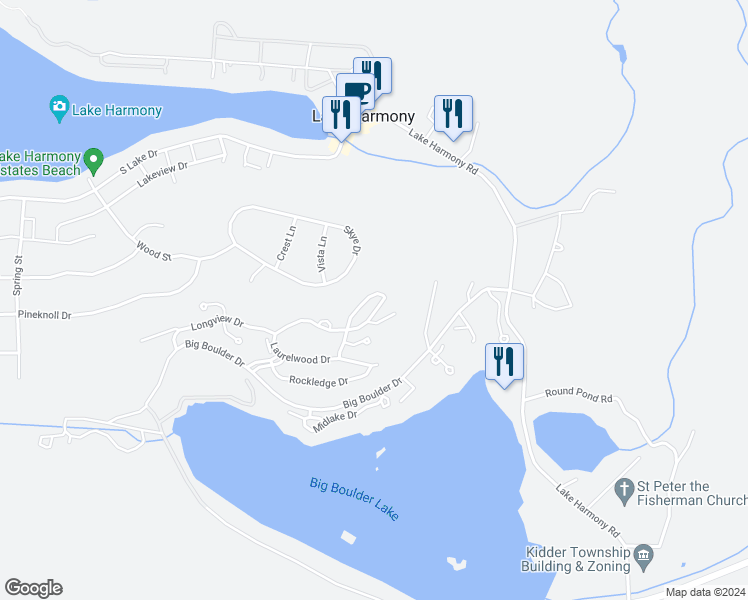 map of restaurants, bars, coffee shops, grocery stores, and more near 38 Summit Wind Drive in Lake Harmony