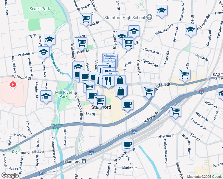 map of restaurants, bars, coffee shops, grocery stores, and more near 1 Landmark Square in Stamford