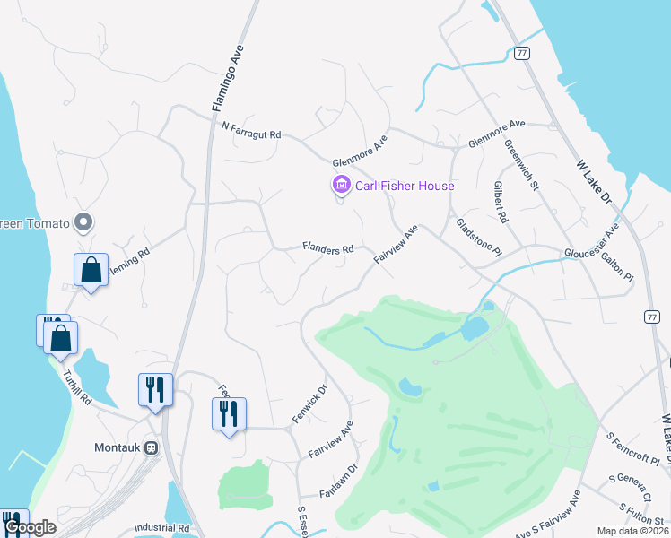 map of restaurants, bars, coffee shops, grocery stores, and more near 31 Flanders Road in Montauk