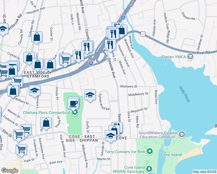map of restaurants, bars, coffee shops, grocery stores, and more near 113 Seaside Avenue in Stamford