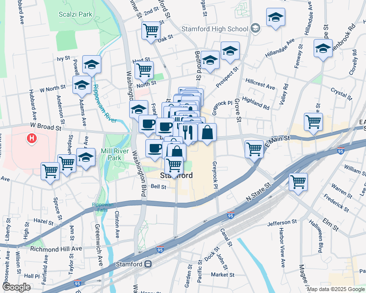 map of restaurants, bars, coffee shops, grocery stores, and more near in Stamford