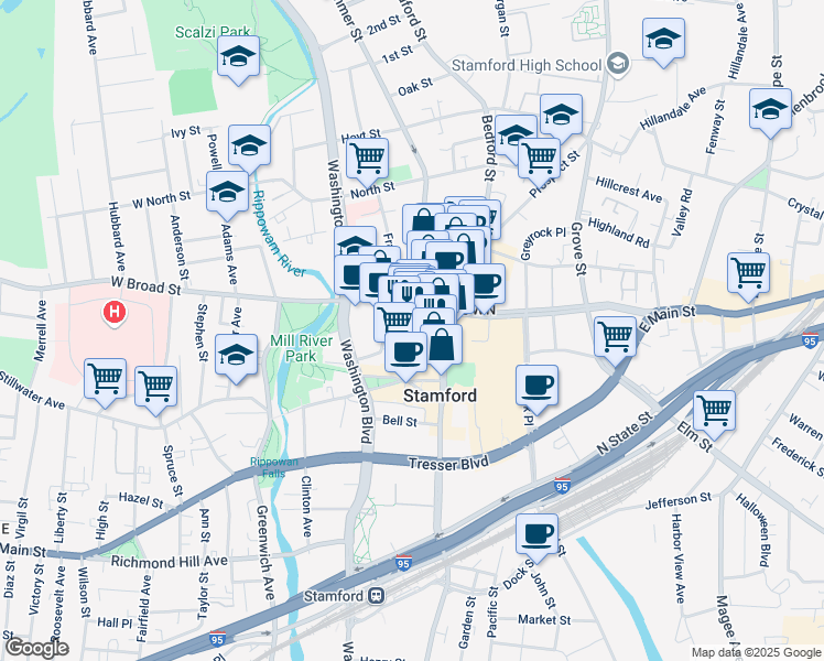 map of restaurants, bars, coffee shops, grocery stores, and more near 229 Summer Street in Stamford