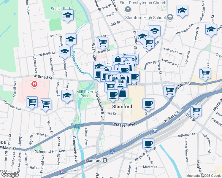 map of restaurants, bars, coffee shops, grocery stores, and more near 229 Summer Street in Stamford