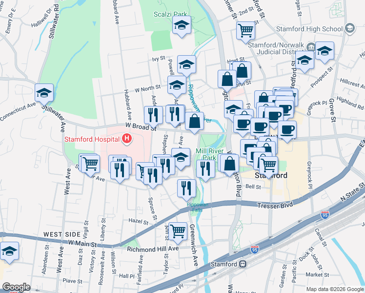 map of restaurants, bars, coffee shops, grocery stores, and more near 24 Oak Hill Street in Stamford