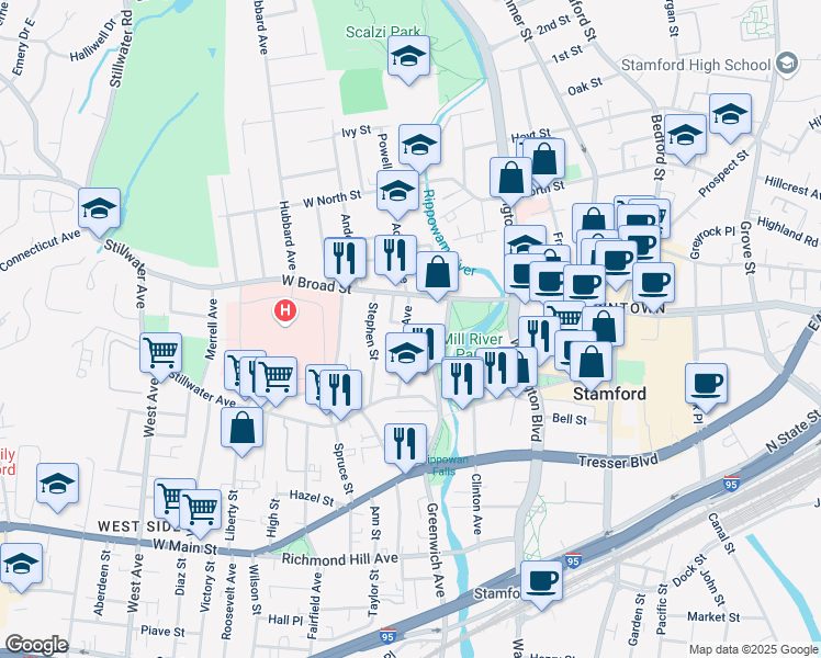 map of restaurants, bars, coffee shops, grocery stores, and more near 24 Oak Hill Street in Stamford