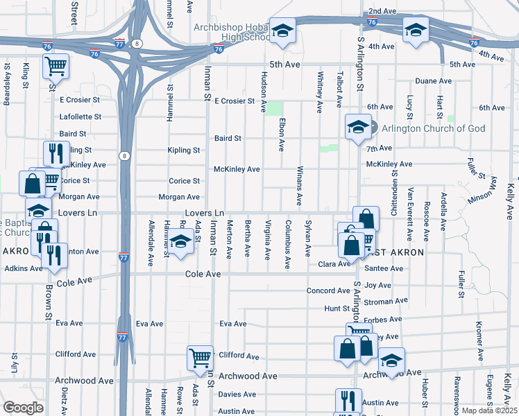 map of restaurants, bars, coffee shops, grocery stores, and more near 751 Hudson Avenue in Akron