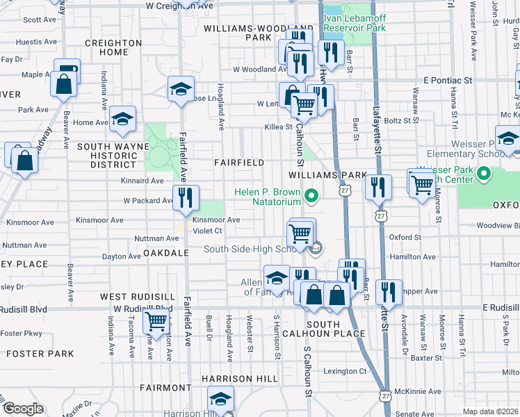 map of restaurants, bars, coffee shops, grocery stores, and more near 3306 Webster Street in Fort Wayne