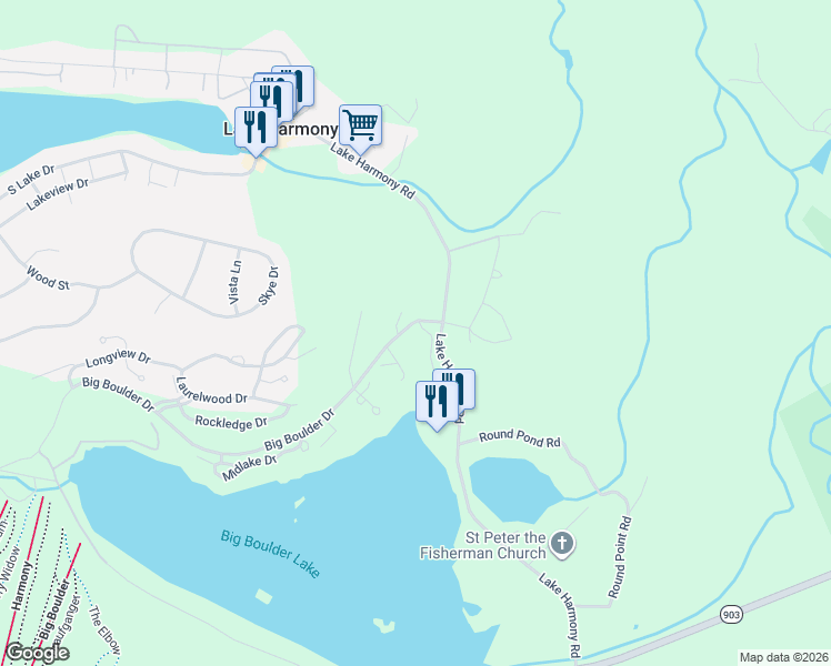 map of restaurants, bars, coffee shops, grocery stores, and more near High Terrace Drive in Lake Harmony