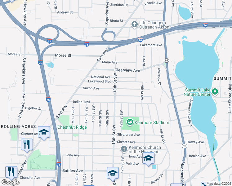 map of restaurants, bars, coffee shops, grocery stores, and more near 836 Saxon Avenue in Akron