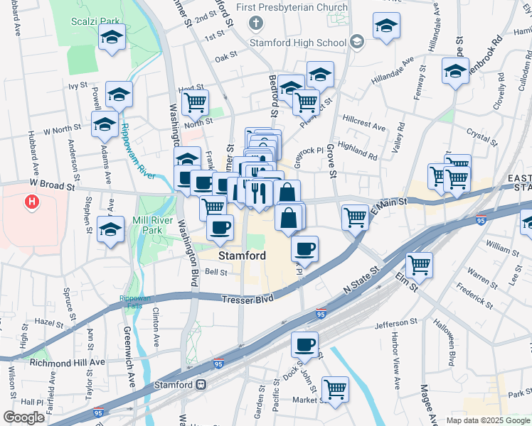 map of restaurants, bars, coffee shops, grocery stores, and more near 1 Landmark Square in Stamford