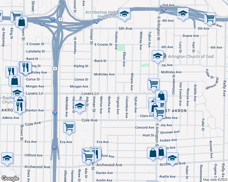 map of restaurants, bars, coffee shops, grocery stores, and more near 751 Hudson Avenue in Akron