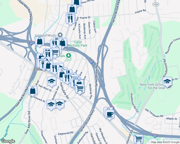 map of restaurants, bars, coffee shops, grocery stores, and more near 37 Winthrop Avenue in Elmsford