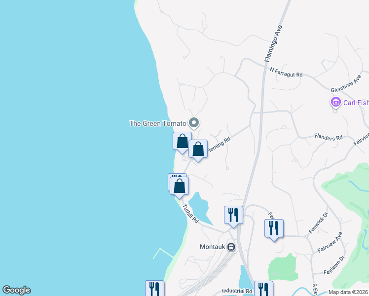 map of restaurants, bars, coffee shops, grocery stores, and more near 74 Firestone Road in Montauk