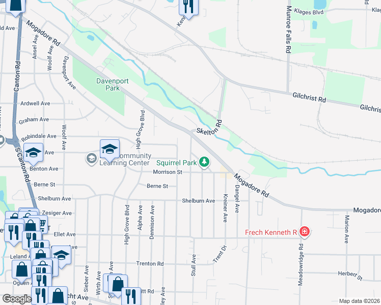 map of restaurants, bars, coffee shops, grocery stores, and more near 27 Stull Avenue in Akron