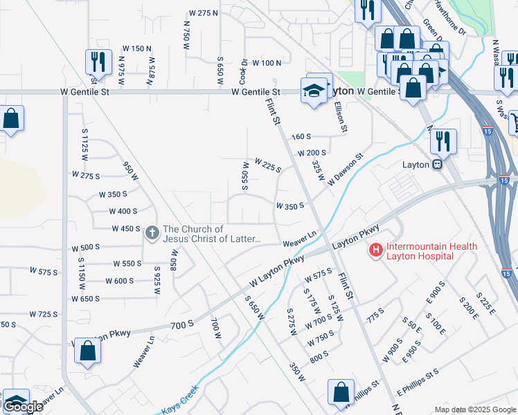 map of restaurants, bars, coffee shops, grocery stores, and more near 389 South 500 West in Layton