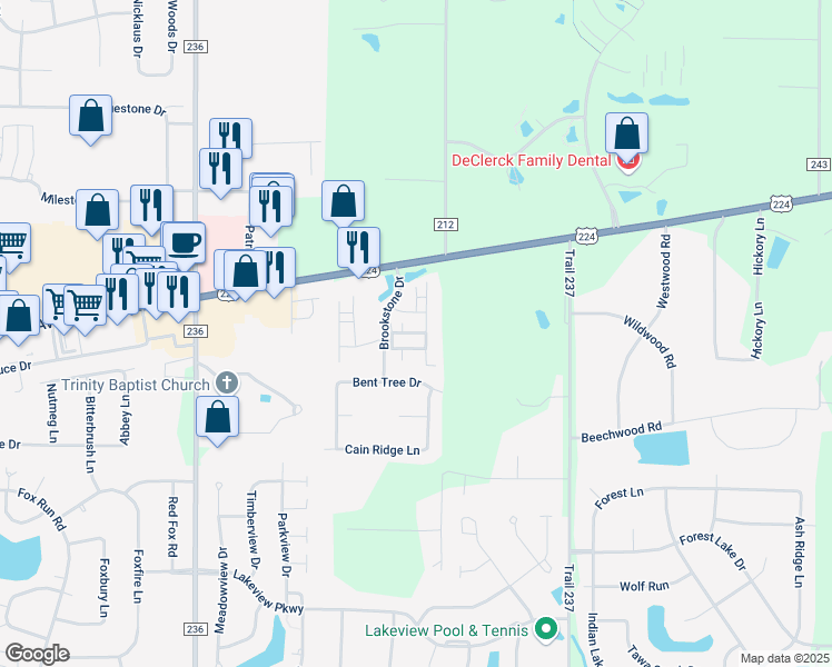 map of restaurants, bars, coffee shops, grocery stores, and more near 15388 North Point Drive in Findlay
