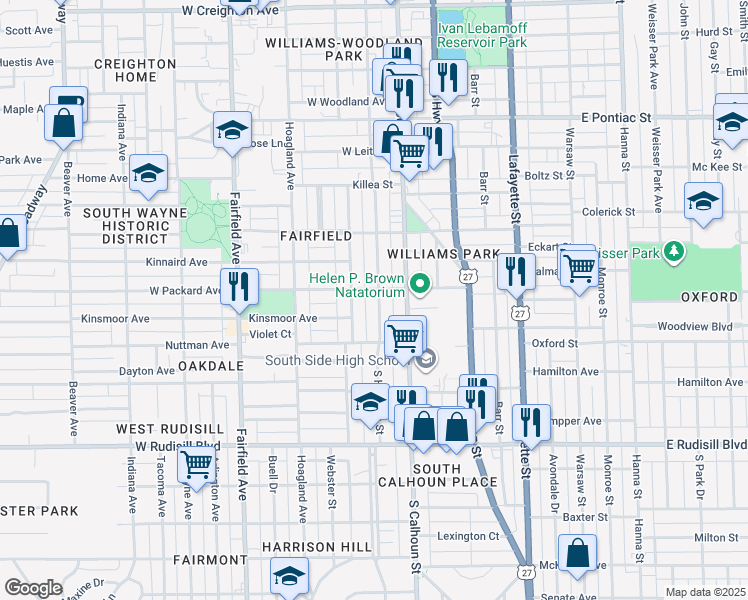map of restaurants, bars, coffee shops, grocery stores, and more near 3310 Harrison Street in Fort Wayne