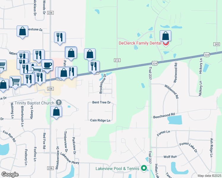 map of restaurants, bars, coffee shops, grocery stores, and more near 15388 North Point Drive in Findlay