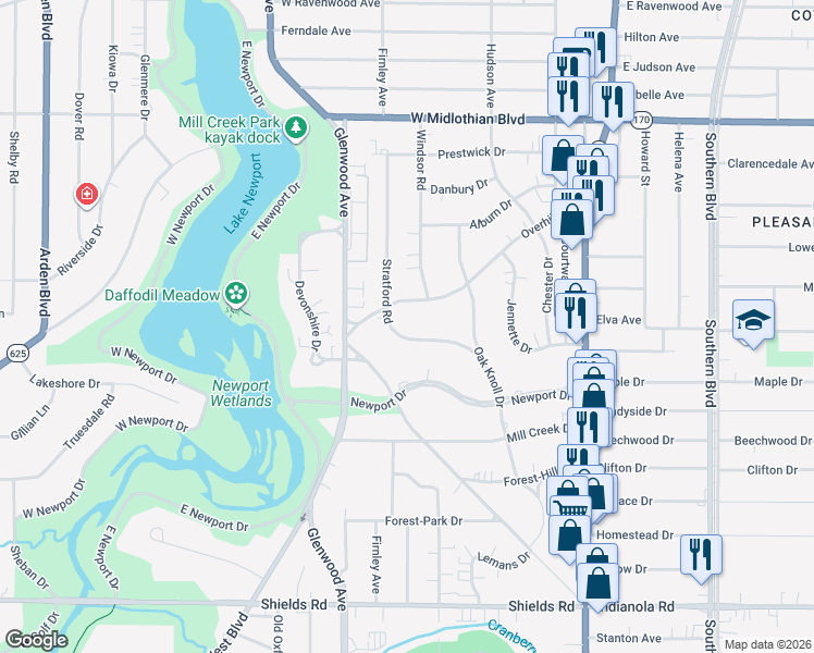 map of restaurants, bars, coffee shops, grocery stores, and more near 4225 Stratford Road in Youngstown