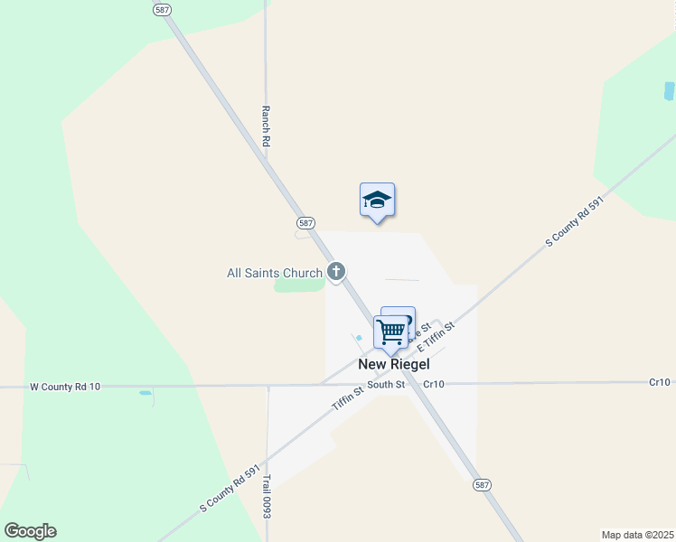 map of restaurants, bars, coffee shops, grocery stores, and more near North Perry Street in New Riegel