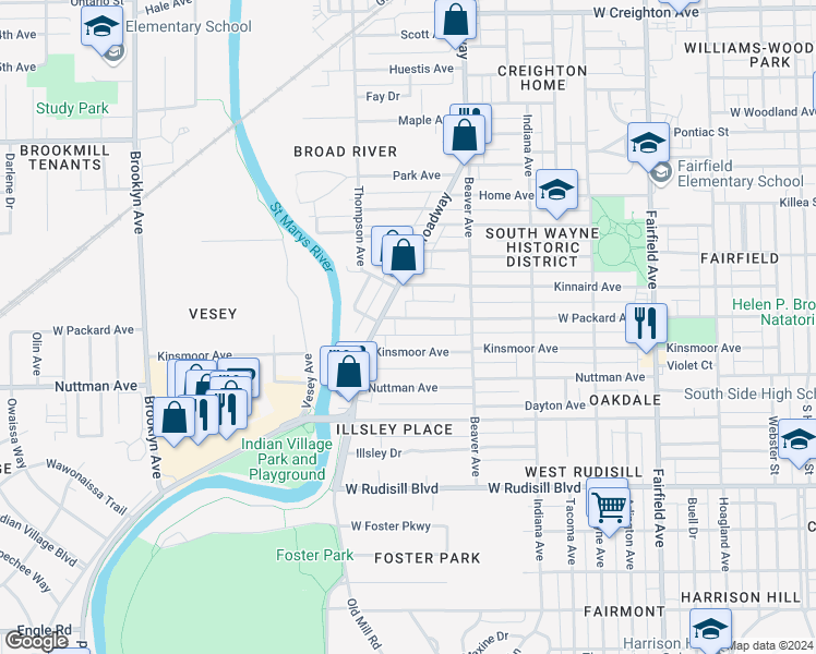 map of restaurants, bars, coffee shops, grocery stores, and more near 1221 West Packard Avenue in Fort Wayne