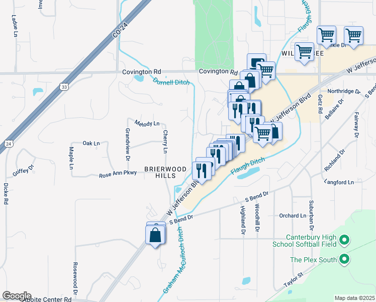 map of restaurants, bars, coffee shops, grocery stores, and more near 6701 Mallard Cove Terrace in Fort Wayne