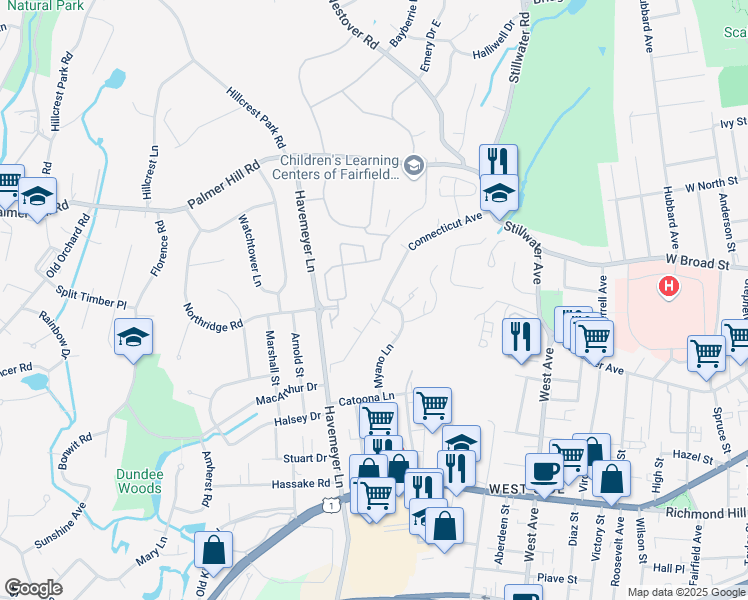 map of restaurants, bars, coffee shops, grocery stores, and more near 135 Connecticut Avenue in Stamford