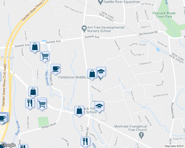 map of restaurants, bars, coffee shops, grocery stores, and more near 3 Hilton Place in Montvale