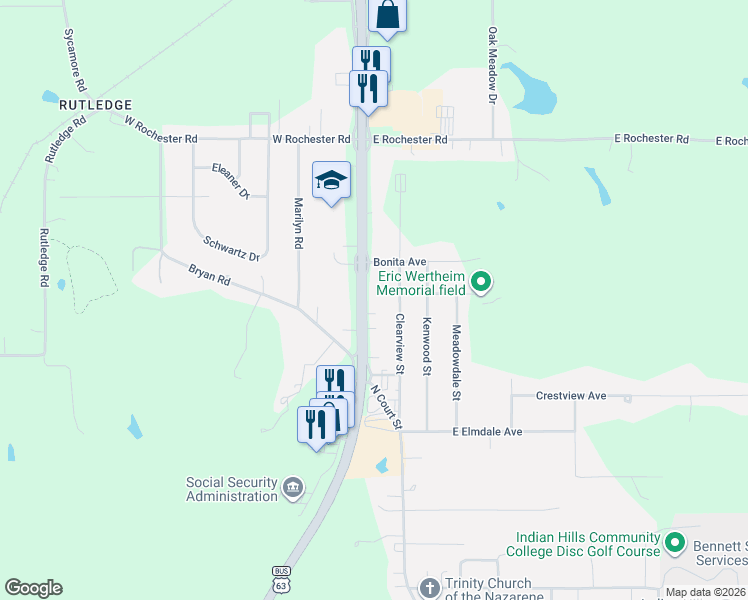 map of restaurants, bars, coffee shops, grocery stores, and more near 2660 North Court Street in Ottumwa