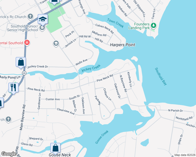 map of restaurants, bars, coffee shops, grocery stores, and more near 3295 Pine Neck Road in Southold