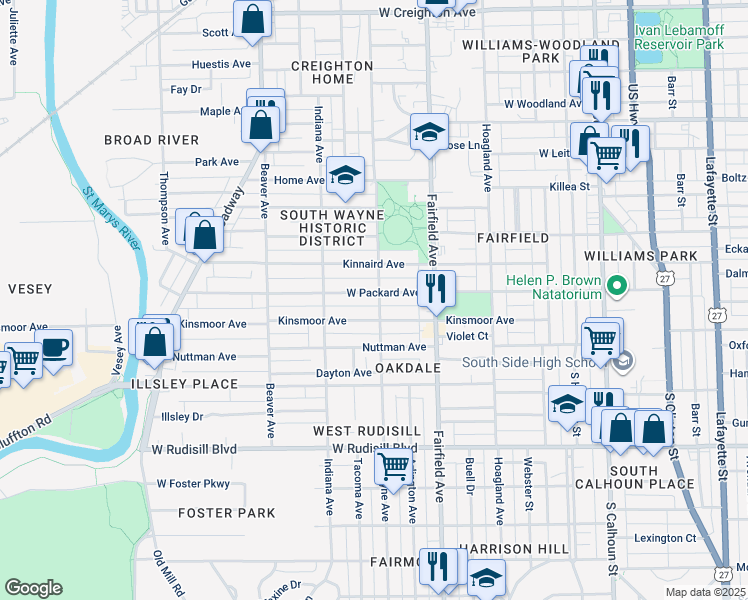 map of restaurants, bars, coffee shops, grocery stores, and more near 701 W Packard Ave in Fort Wayne
