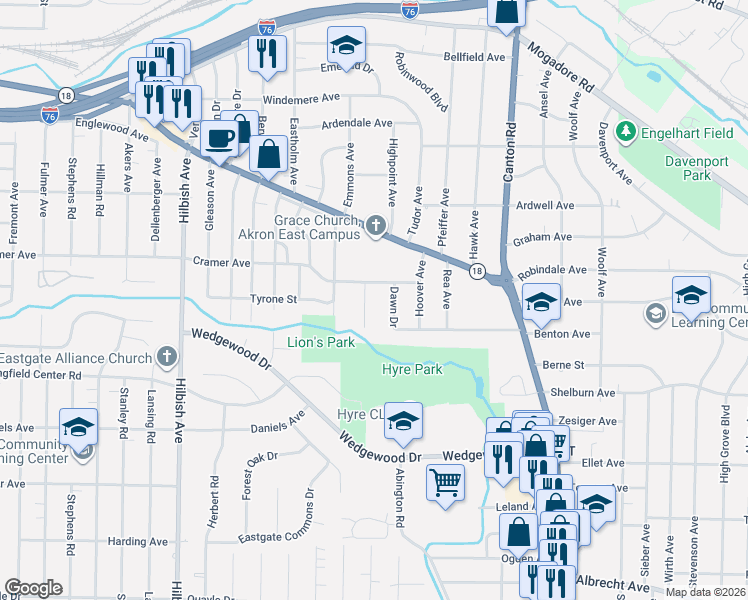 map of restaurants, bars, coffee shops, grocery stores, and more near 325 Horton Avenue in Akron