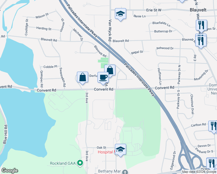 map of restaurants, bars, coffee shops, grocery stores, and more near 310 Convent Road in Blauvelt