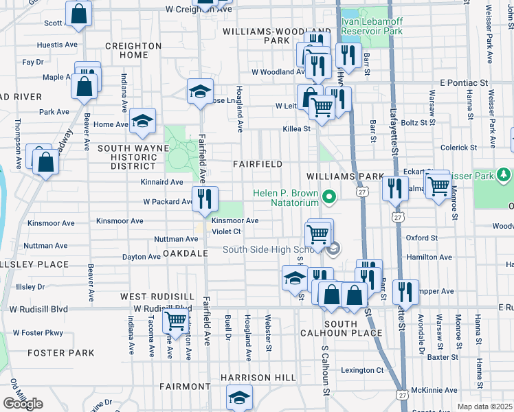 map of restaurants, bars, coffee shops, grocery stores, and more near 339 West Packard Avenue in Fort Wayne