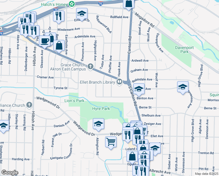 map of restaurants, bars, coffee shops, grocery stores, and more near 316 Rea Avenue in Akron