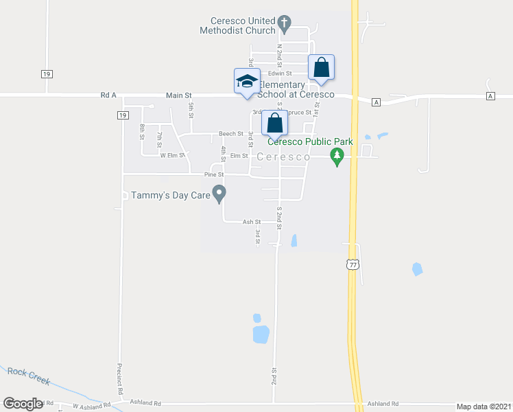 map of restaurants, bars, coffee shops, grocery stores, and more near 219 Oak Street in Ceresco