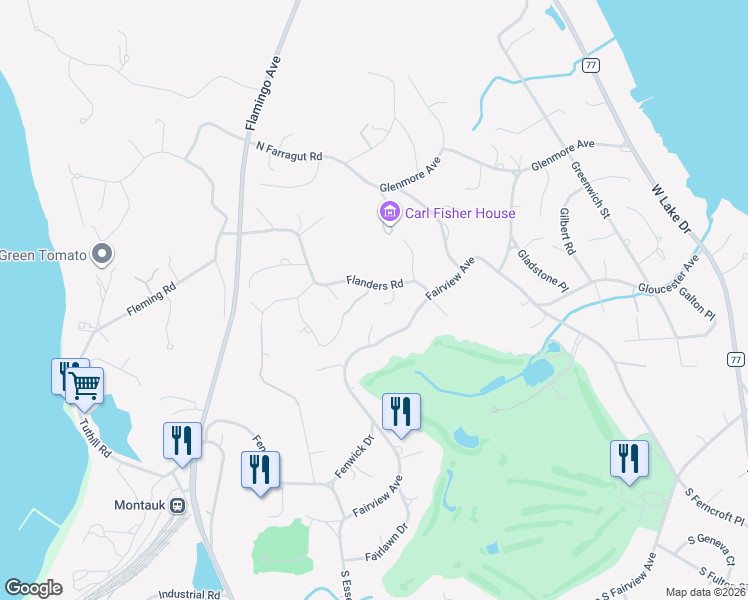 map of restaurants, bars, coffee shops, grocery stores, and more near 31 Flanders Road in Montauk