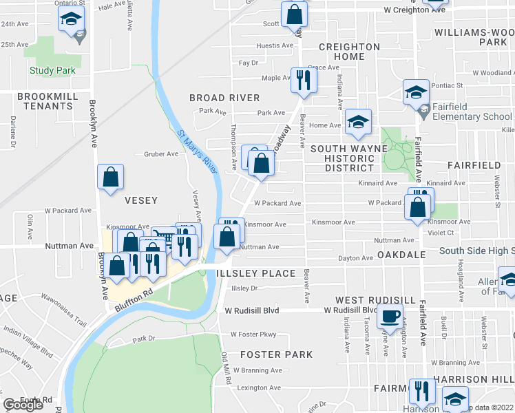 map of restaurants, bars, coffee shops, grocery stores, and more near 1221 West Packard Avenue in Fort Wayne