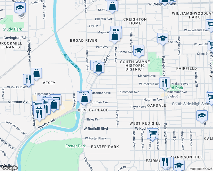 map of restaurants, bars, coffee shops, grocery stores, and more near 1137 West Packard Avenue in Fort Wayne