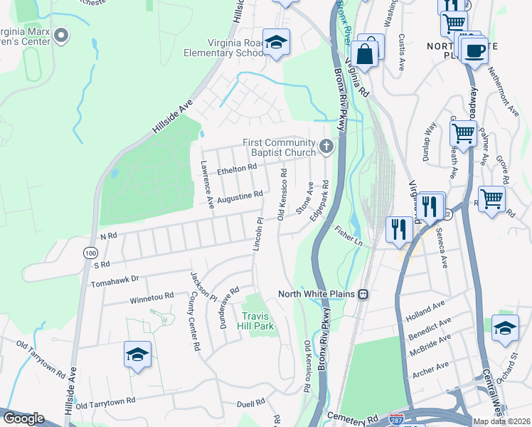 map of restaurants, bars, coffee shops, grocery stores, and more near 20 Lincoln Place in White Plains