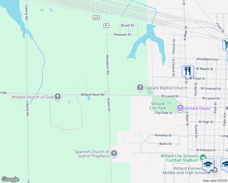 map of restaurants, bars, coffee shops, grocery stores, and more near 4348 Willard West Road in Willard