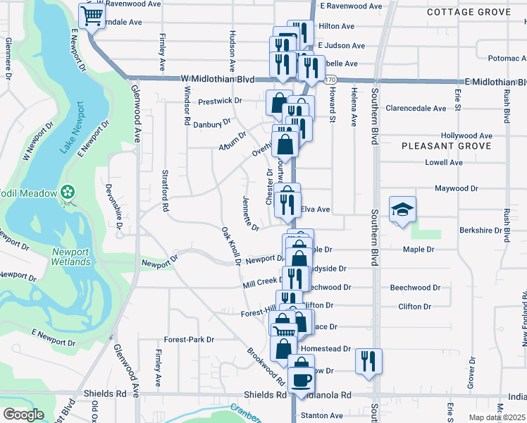 map of restaurants, bars, coffee shops, grocery stores, and more near 4332 Chester Drive in Youngstown